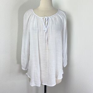 By Design White Boho Tunic Blouse Lg Loose Fit Resort Travel Peasant Fairy Core